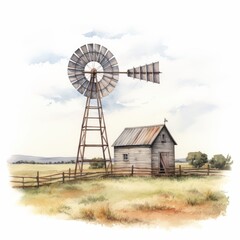 A serene rural watercolor scene of a traditional windmill and barn amidst a peaceful field, evoking the essence of country living.
