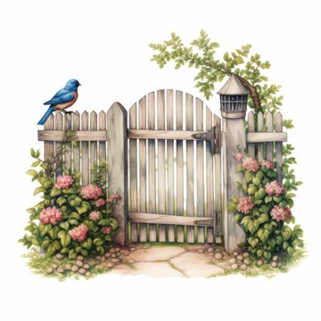 recommend clip art: A charming watercolor painting featuring a wooden garden gate with a bluebird perched on top, surrounded by pink flowers and green bushes.