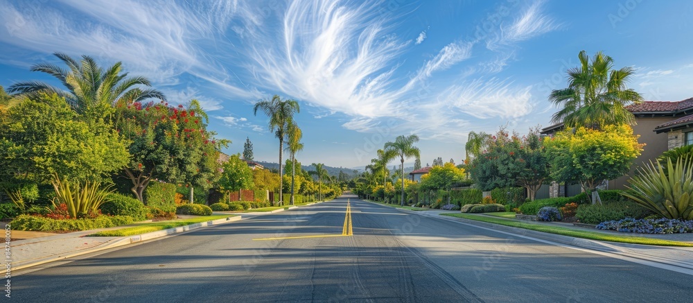 Canvas Prints Nice Blue Sky and Comfortable Garden Provide Serene Setting on Empty Street