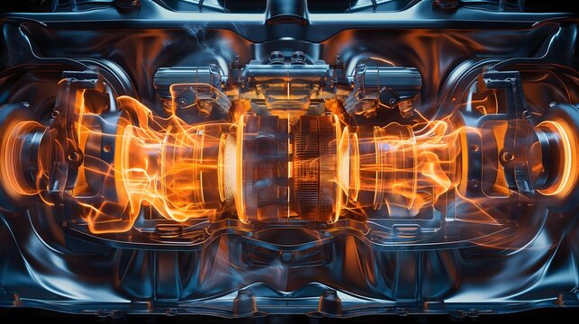 5. In a dynamic portrayal of automotive technology, a cross-sectional view of a car engine reveals the intricate dance of pistons and crankshafts, bathed in vibrant hues that depict the fiery