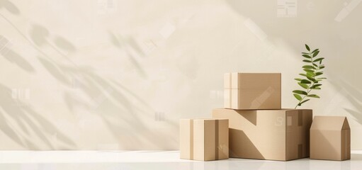 Cardboard boxes and plant on white surface with window in background for home office decoration or business packaging concept
