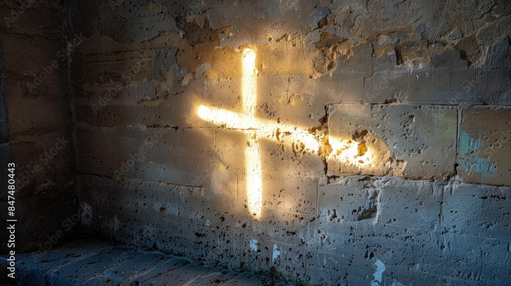 Sticker cross illuminated by sunlight on a wall