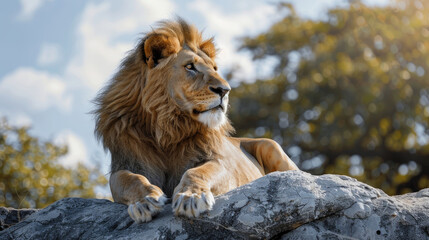 Obraz premium Majestic scene of a male lion seated atop a rocky perch, exuding strength and regality, Ai Generated.