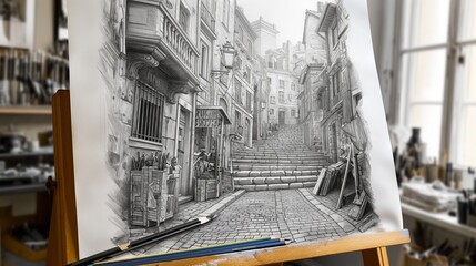 An intricate pencil sketch of a classic European street scene, with cobblestone streets, old...