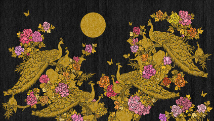 Graphic images of landscapes, nature and flowers colorful, butterflies, gold color auspicious Chinese peacocks on a gold wood and marble texture background.