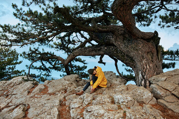 Solitude and Serenity A Person in a Yellow Raincoat Relaxing Under a Majestic Pine Tree in the Wilderness