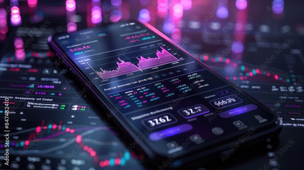Poster the image shows a close-up of a smartphone with a stock market app displaying real-time stock market