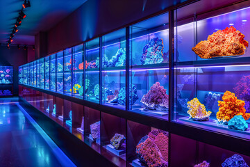 Assorted UV fluorescent minerals in glass display cases in a museum, geology, crystals