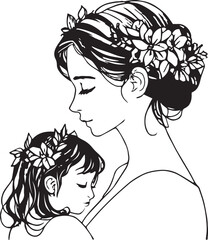 Black and white sketch of a woman and a child, with the woman wearing a crown of flowers on her head.