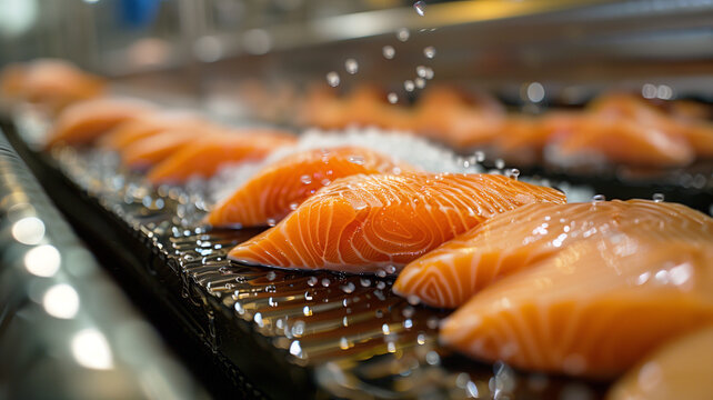 Salmon manufacturing process. Close-up shot of fresh salmon production line.