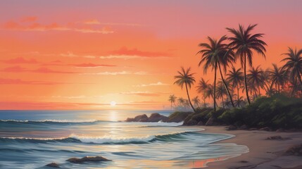 Beautiful tropical beach sunset with palm trees and calm ocean waves, creating a serene and picturesque coastal scene.