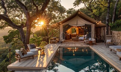 Luxury glamping: Inside tent, forested oak wood slope, private pool on terrace in golden hour