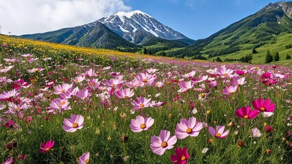 Obraz premium a cosmos field on the top of a mountain