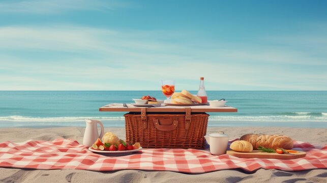 Scenic beach picnic with food and drinks on a checkered blanket by the ocean. Perfect summer outing under the clear blue sky and relaxing waves.