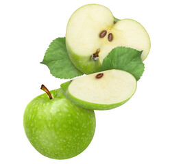 Green apple isolated. Whole, half and apple slice flying on white background. Green apples with leaves are falling.