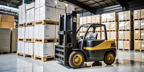 Forklift Loading Pallets and Boxes in a Modern Warehouse