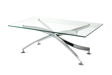 Isolated on white background, a modern glass coffee table with sleek metal legs, perfect for adding a touch of elegance to any living room or lounge area