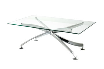 Isolated on white background, a modern glass coffee table with sleek metal legs, perfect for adding a touch of elegance to any living room or lounge area