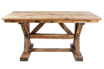 A rustic wooden dining table with a distressed finish and sturdy construction, isolated on white background, ideal for farmhouse-style kitchens or dining rooms