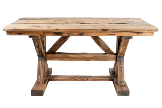 A rustic wooden dining table with a distressed finish and sturdy construction, isolated on white background, ideal for farmhouse-style kitchens or dining rooms