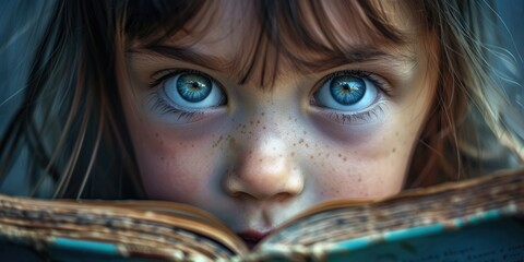 Close up of attractive child reading a book while looking at camera. Elementary student holding fairy tale novel book or bedtime stories with blurring background. Creative activity concept. AIG42. © InfiniteFlow