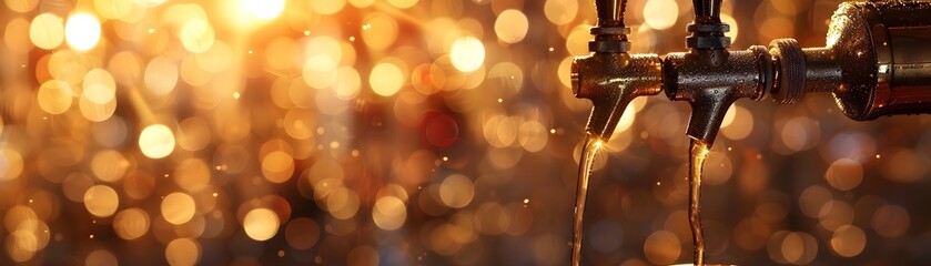 Obraz premium Glowing Metallic Beer Tap Flowing Against Warm Bokeh Backdrop