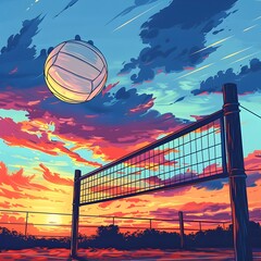 Stunning Sunset Volleyball Net Silhouette Against Dramatic Sky Landscape