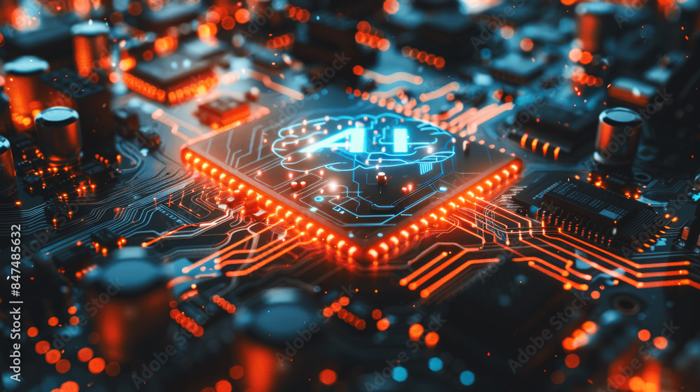 Poster artificial intelligence and ai technology concept processor chip or mother board background llms