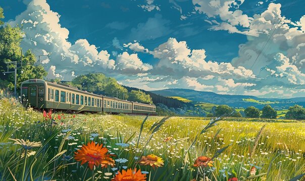 Train journey vista: Fields and meadows glide by, a tranquil escape from city life.