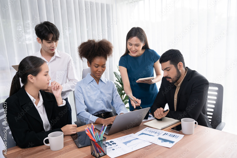 Poster multiracial analyst team use bi dashboard data to analyze financial report on meeting table. group o