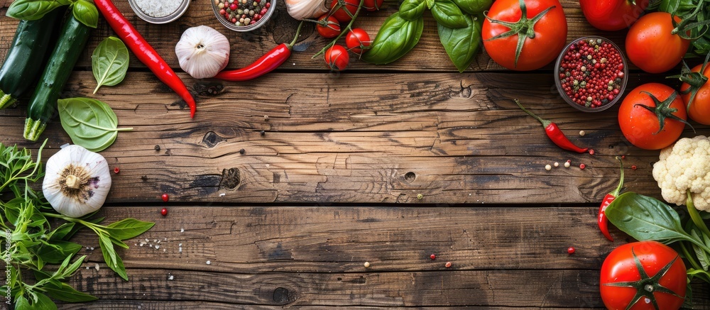 Wall mural Fresh Vegetables and Ingredients on Wooden Background for Healthy Cooking Concept - Wall murals