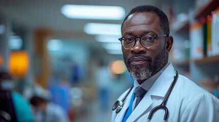 A healthcare specialist stands in a medical clinic with a digital tablet in hand, showcasing modern technology in healthcare services.
