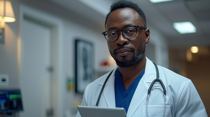 A healthcare specialist stands in a medical clinic with a digital tablet in hand, showcasing modern technology in healthcare services.