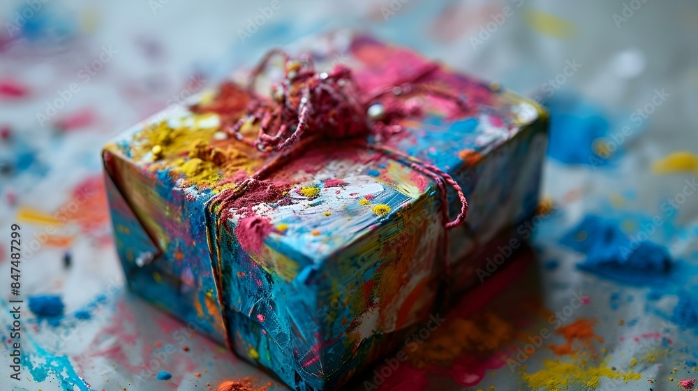 Wall mural A vibrant gift box adorned with colorful paint splatters.