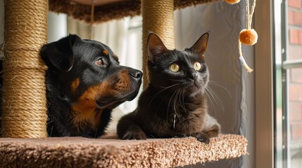 Rottweiler and Ragdoll cat exploring a carpeted cat tree together, their curiosity piqued by dangling toys