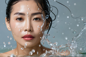 A woman is in a pool of water with her face splashed with water