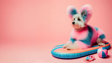 Funny dog wearing summer fashion on pastel background. Summer Vacation Concept.