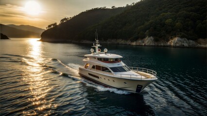 Fototapeta premium Yacht in empty Turkish sea on sunset