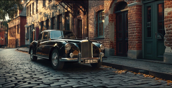 Fototapeta Vintage Car on Cobblestone Street