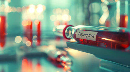 Close-up of a test tube with a red liquid with the inscription "Doping test". The blood bottle for the doping test is in the chemical laboratory