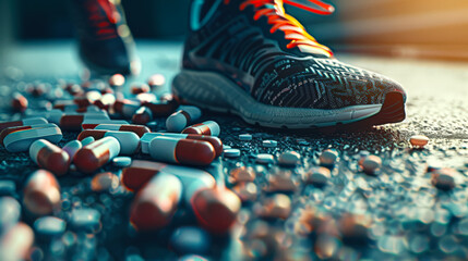 The athlete dropped a handful of pills on the floor. Close-up of a runner in stylish running shoes standing on the ground, with pills scattered around him. The use of doping