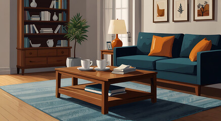 A 2d plain Illustrative vector depicting interior design furniture and decor, including a wooden coffee table with a cup of coffee or hot tea and a book with white background, 2d flat style
