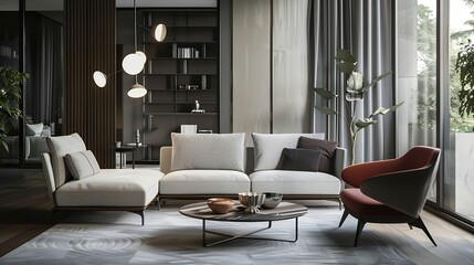 Fototapeta premium Comfortable sofa and armchair in stylish living room Interior design : Generative AI