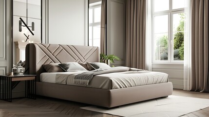 Stylish bedroom interior with large comfortable bed and mirror : Generative AI