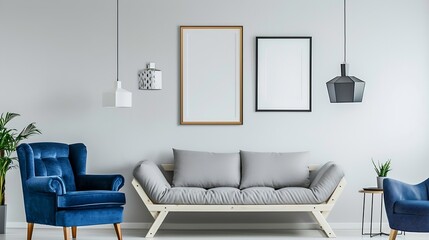 White sofa and blue armchair in living room with posters on the wall : Generative AI