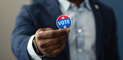 Man, vote sticker and smile for election, positive and politics for America, government. Badge, voter choice and support for party, registration or hand for voting register US