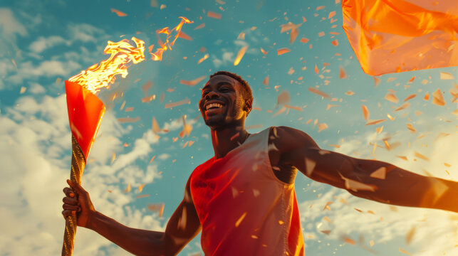 A happy black male athlete holds a golden torch with a burning flame. African man smiling and happy about the opening of a major global sporting event