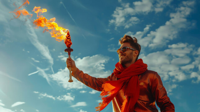 A man in sunglasses holds a burning torch and smiles while looking at the sky. The concept of excitement, adventure and participation in a global sporting event