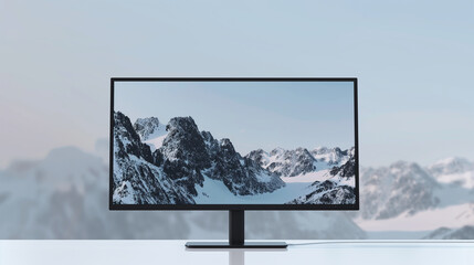 Fototapeta premium A computer monitor with a mountain range in the background