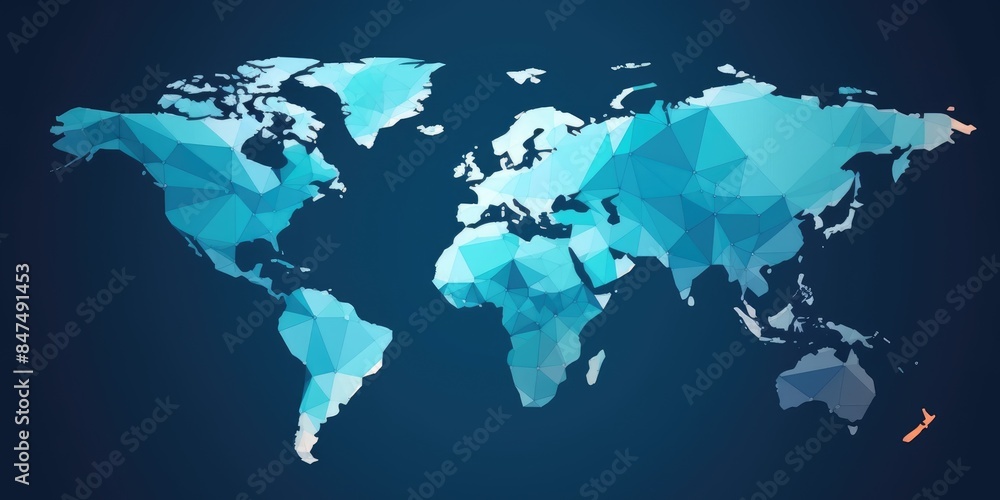 Poster digital world map in low poly design with network lines on a dark background. global network and con